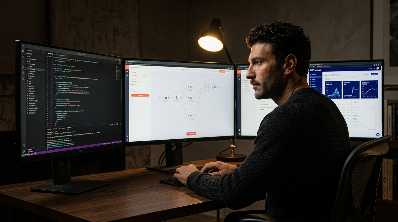 Maxwell at his workspace — code editor, n8n workflow, Pinecone dashboard