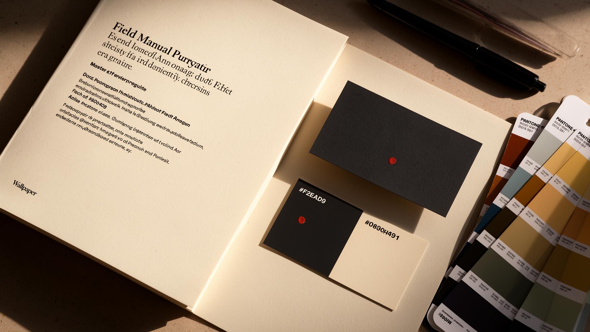 Brand palette in physical use — printed field manual, charcoal business card with red dot accent, Pantone chip fan